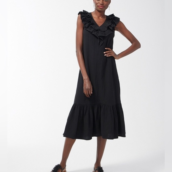 Chicos Black Gauze Flutter Neck Sleeveless V Neck Midi Dress Size 12 - Picture 1 of 10